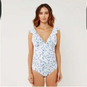 A Pea in the Pod Maternity Swimsuit One Piece Ruffle  Blue Floral Tie Back S NWT